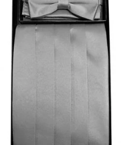Vesuvio Napoli Men Silver Poly Satin Cummerbund, Bow Tie, And Hanky Set