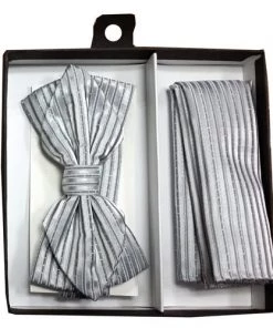 Vesuvio Napoli Silver Striped Bow Tie With Pocket Square (Pointed Tip)