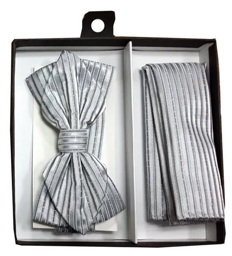 Vesuvio Napoli Silver Striped Bow Tie With Pocket Square (Pointed Tip) 4 Vesuvio Napoli Silver Striped Bow Tie With Pocket Square (Pointed Tip)