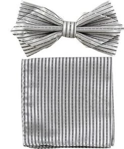 Vesuvio Napoli Silver Striped Bow Tie With Pocket Square (Pointed Tip)