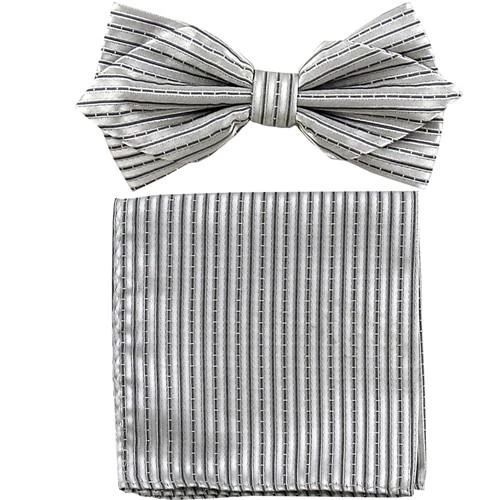 Vesuvio Napoli Silver Striped Bow Tie With Pocket Square (Pointed Tip) 3 Vesuvio Napoli Silver Striped Bow Tie With Pocket Square (Pointed Tip)