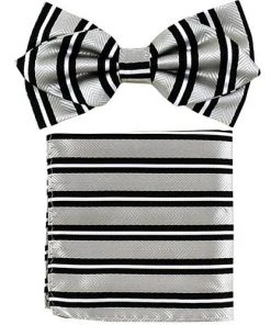 Vesuvio Napoli Silver/Black Striped Bow Tie With Pocket Square (Pointed Tip)