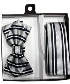 Vesuvio Napoli Silver/Black Striped Bow Tie With Pocket Square (Pointed Tip)