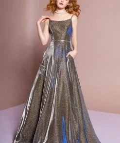 Sleeveless Iridescent Glitter Dress With Pockets By Elizabeth K GL2673 Prom