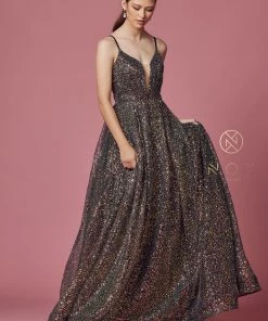 Sleeveless Iridescent Glitter Gown By Nox Anabel R1030