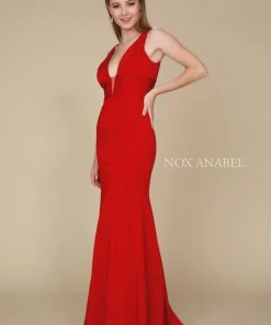 Long Sleeveless Dress With Deep V-Neckline By Nox Anabel Q010 Prom