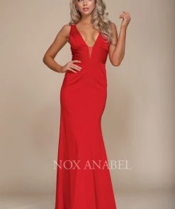 Long Sleeveless Dress With Deep V-Neckline By Nox Anabel Q010 Prom