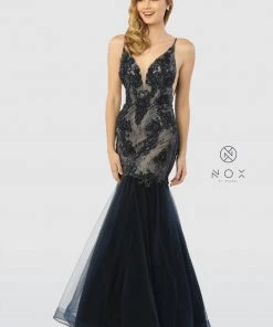 Sleeveless V-Neck Beaded Lace Tulle Mermaid Gown By Nox Anabel E185 Prom