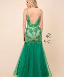 Sleeveless V-Neck Beaded Lace Tulle Mermaid Gown By Nox Anabel E185 Prom