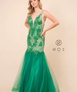 Sleeveless V-Neck Beaded Lace Tulle Mermaid Gown By Nox Anabel E185 Prom