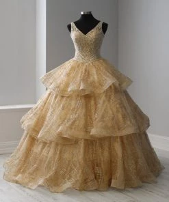 Sleeveless V-Neck Glitter Quinceanera Dress By House Of Wu 26921