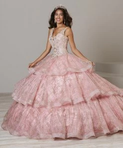 Sleeveless V-Neck Glitter Quinceanera Dress By House Of Wu 26921