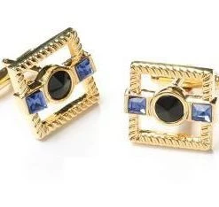 ABC Fashion Square Gold Cufflinks With Black And Blue Crystals Men