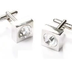 ABC Fashion Square Silver Cufflinks With A Clear Crystal