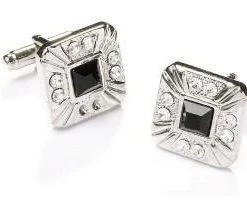 ABC Fashion Square Silver Cufflinks With Black And Clear Crystals Men