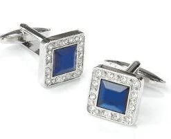 ABC Fashion Men Square Silver Cufflinks With Blue Gem And Clear Crystals