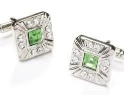 ABC Fashion Men Square Silver Cufflinks With Green And Clear Crystals