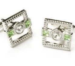 ABC Fashion Men Square Silver Cufflinks With Green And Clear Crystals