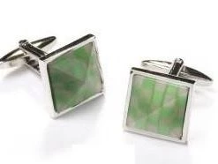 ABC Fashion Square Silver Cufflinks With Green Checkers
