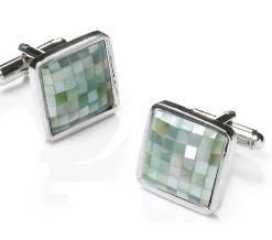 ABC Fashion Square Silver Cufflinks With Green Mosaic