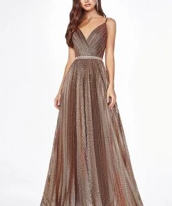 Long Metallic V-Neck Dress By Cinderella Divine KC896