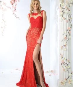 Long Fitted Lace Dress With Slit By Cinderella Divine KD016