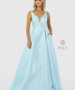 Prom Long V-Neck Taffeta Dress By Nox Anabel E156