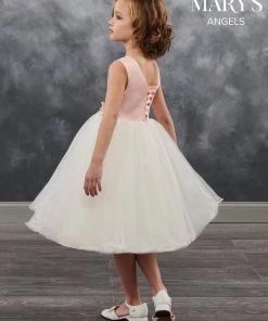 Mary's Bridal Angels Collection Girls Lace Applique Tea Length Dress By Mary's Bridal MB9021 Flower Girl Dresses