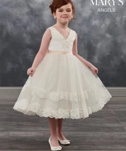 Mary's Bridal Angels Collection Girls Lace Trimmed Tea Length Dress By Mary's Bridal MB9018