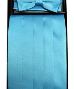 Vesuvio Napoli Men Turquoise Poly Satin Cummerbund, Bow Tie, And Hanky Set