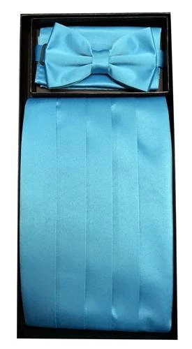 Vesuvio Napoli Men Turquoise Poly Satin Cummerbund, Bow Tie, And Hanky Set 3 Vesuvio Napoli Men Turquoise Poly Satin Cummerbund, Bow Tie, And Hanky Set