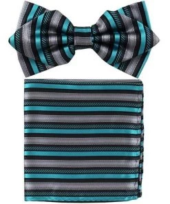 Vesuvio Napoli Men Turquoise/Black Striped Bow Tie With Pocket Square (Pointed Tip)