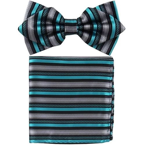 Vesuvio Napoli Men Turquoise/Black Striped Bow Tie With Pocket Square (Pointed Tip) 3 Vesuvio Napoli Men Turquoise/Black Striped Bow Tie With Pocket Square (Pointed Tip)