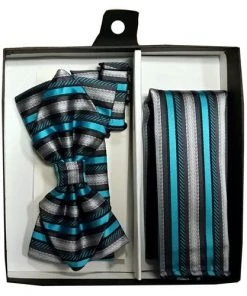 Vesuvio Napoli Men Turquoise/Black Striped Bow Tie With Pocket Square (Pointed Tip)