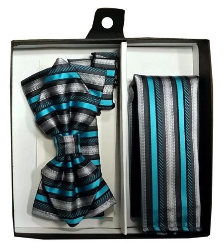 Vesuvio Napoli Men Turquoise/Black Striped Bow Tie With Pocket Square (Pointed Tip) 4 Vesuvio Napoli Men Turquoise/Black Striped Bow Tie With Pocket Square (Pointed Tip)