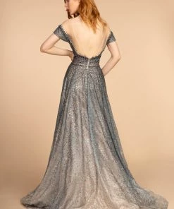 Elizabeth K Prom Two Tone Beaded Lace Gown With Short Sleeves By GLS Gloria GL2558