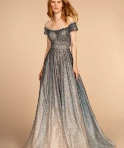 Elizabeth K Prom Two Tone Beaded Lace Gown With Short Sleeves By GLS Gloria GL2558
