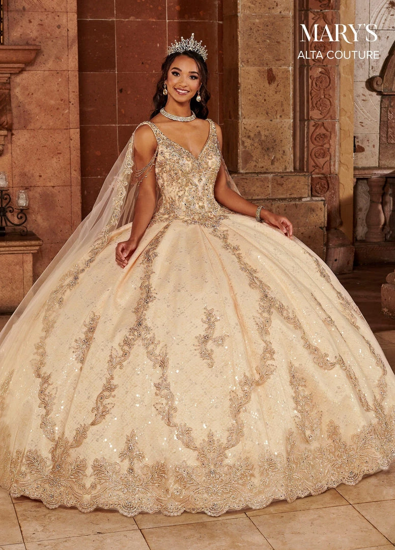 Mary's Bridal V-Neck Cape Quinceanera Dress By Alta Couture MQ3064 3 Mary's Bridal V-Neck Cape Quinceanera Dress By Alta Couture MQ3064