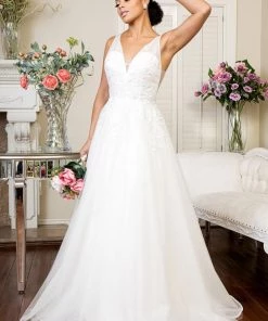 V-Neck Glitter Wedding Gown By Elizabeth K GL1906