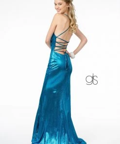 V-Neck Metallic Mermaid Gown With Corset Back By Elizabeth K GL2943 Prom