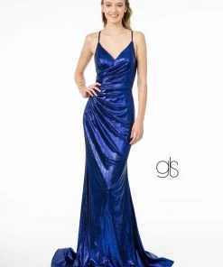 V-Neck Metallic Mermaid Gown With Corset Back By Elizabeth K GL2943 Prom