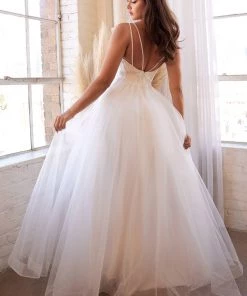 White Beaded Long Tulle Dress By Cinderella Divine CD0154W Prom