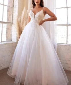 White Beaded Long Tulle Dress By Cinderella Divine CD0154W Prom