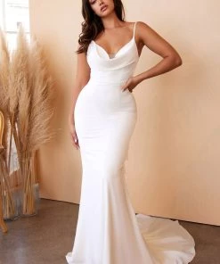 Prom White Cowl Satin Gown By Cinderella Divine 7487W