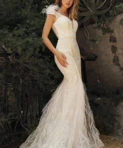 Prom White Feather Mermaid Dress By Cinderella Divine C57W