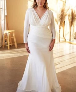 Prom White Fitted Long Sleeve Gown By Cinderella Divine CD0169 15 Prom White Fitted Long Sleeve Gown By Cinderella Divine CD0169