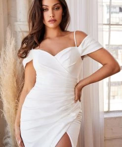 White Fitted Off Shoulder Gown By Cinderella Divine KV1057W