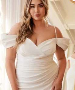 White Fitted Off Shoulder Gown By Cinderella Divine KV1057W