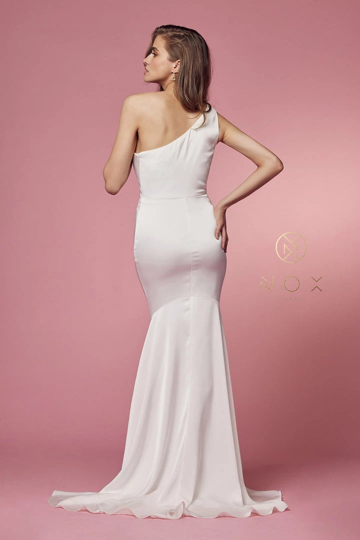 Prom White Fitted One Shoulder Gown By Nox Anabel E483 5 Prom White Fitted One Shoulder Gown By Nox Anabel E483