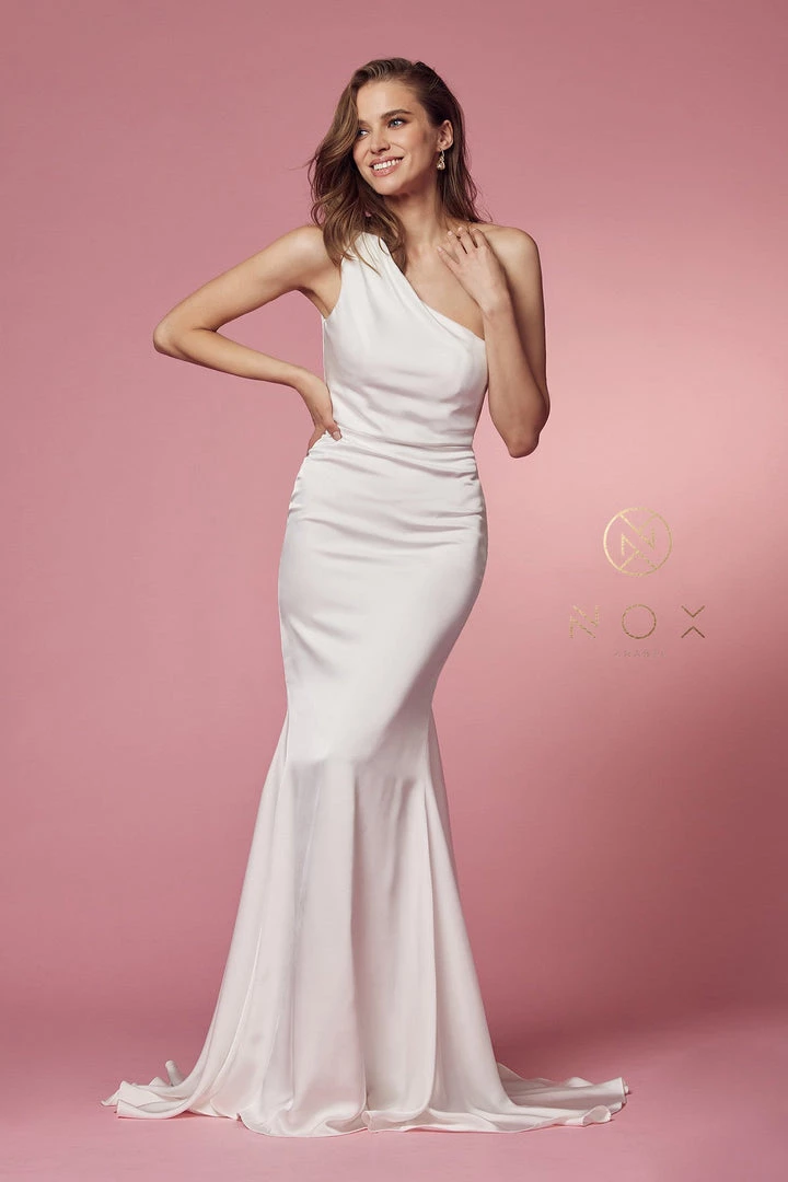 Prom White Fitted One Shoulder Gown By Nox Anabel E483 4 Prom White Fitted One Shoulder Gown By Nox Anabel E483